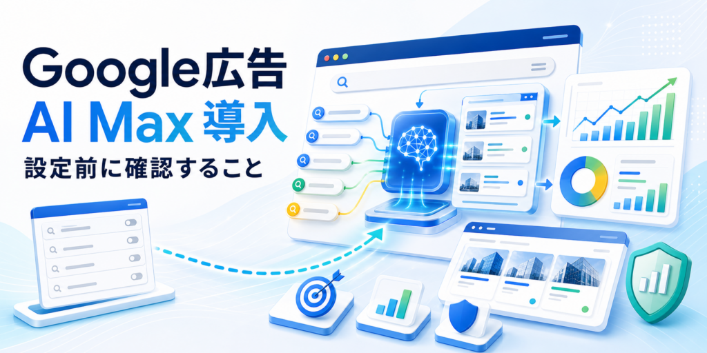 Google広告AI Maxの導入前に検索語句、URL、成果設定を確認するイメージ