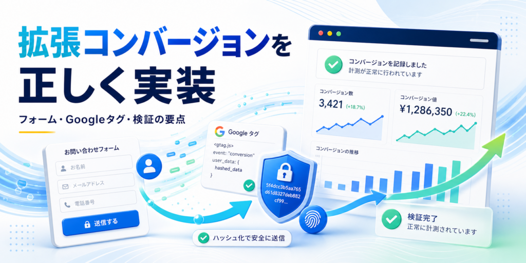 Google広告の拡張コンバージョンをフォーム、Googleタグ、検証で正しく実装するイメージ