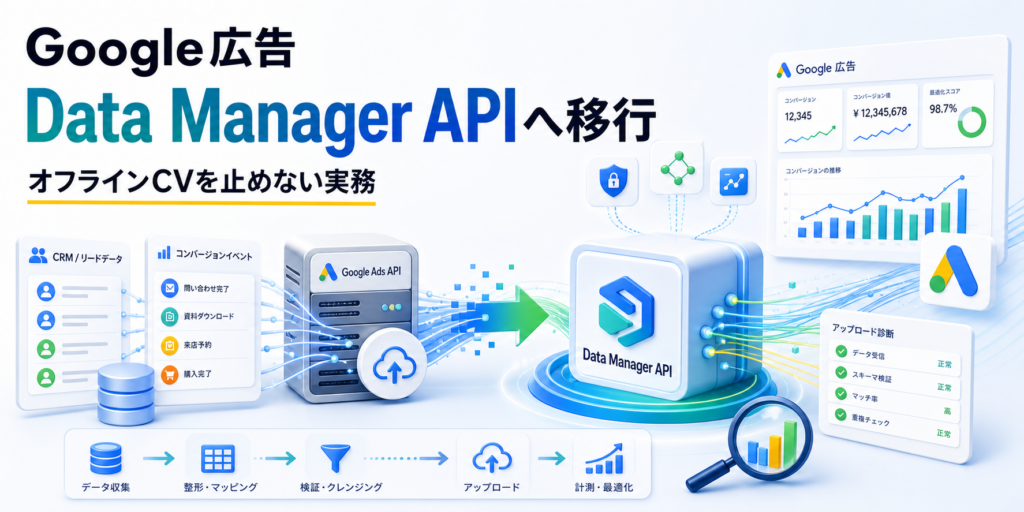 Google広告のオフラインコンバージョンをData Manager APIへ移行し診断するイメージ