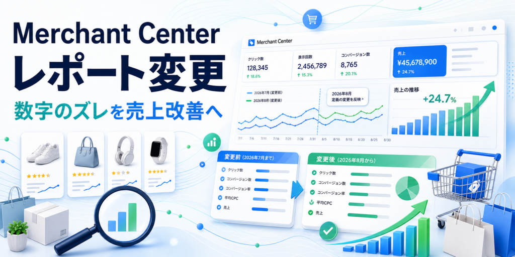 Merchant Centerのレポート変更を確認し商品別の売上改善につなげるイメージ