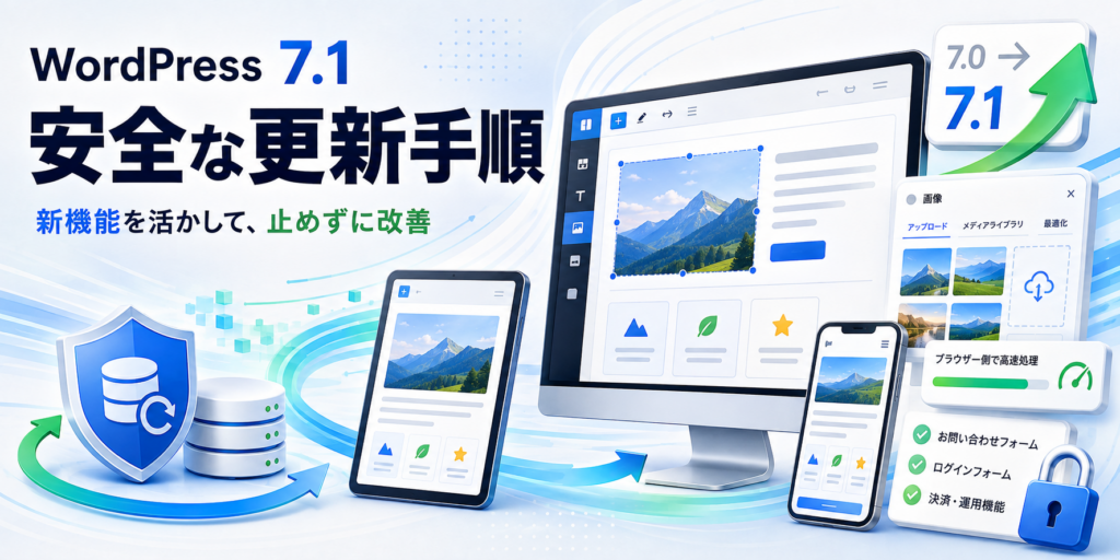 WordPress 7.1の新機能を確認し安全にアップデートするイメージ